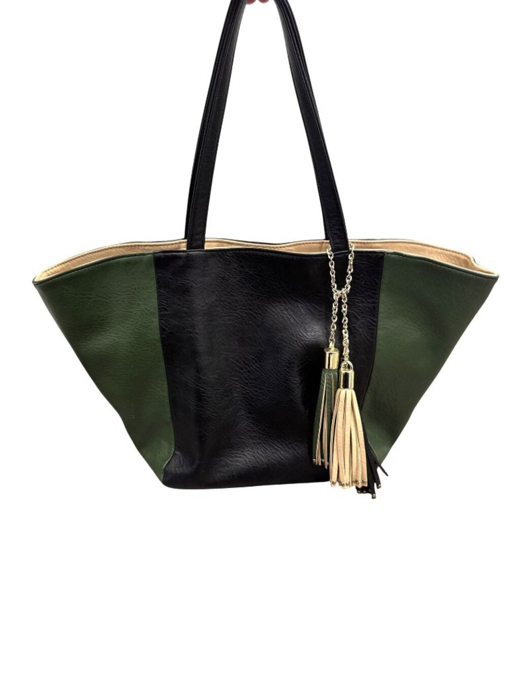 Big Buddha Large Tote Bag with Tassels and Removable Insert Green Black